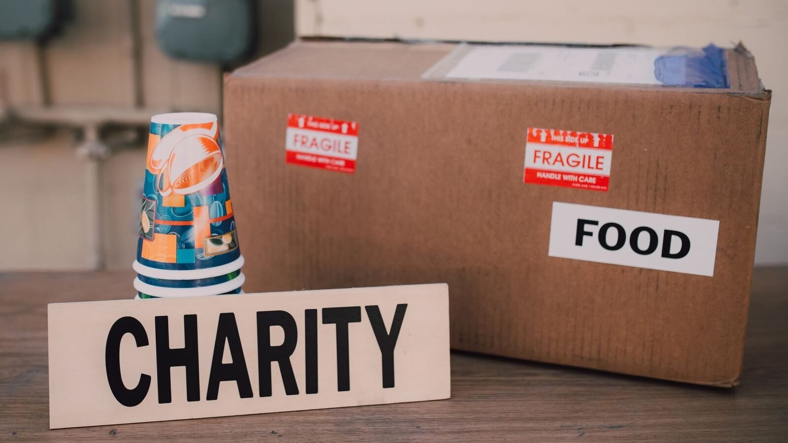 Charity donation box with food supplies from a community funder